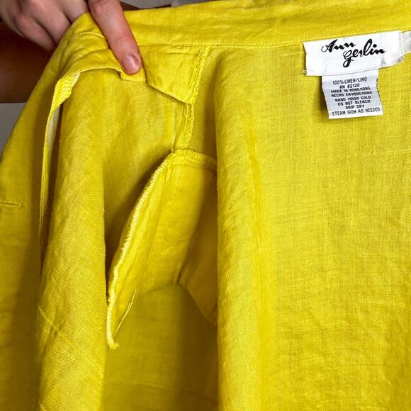 Ann Gerlin 1990s Button Up Linen Blouse Chartreuse Green Short Sleeve Tailored - Picture 10 of 10